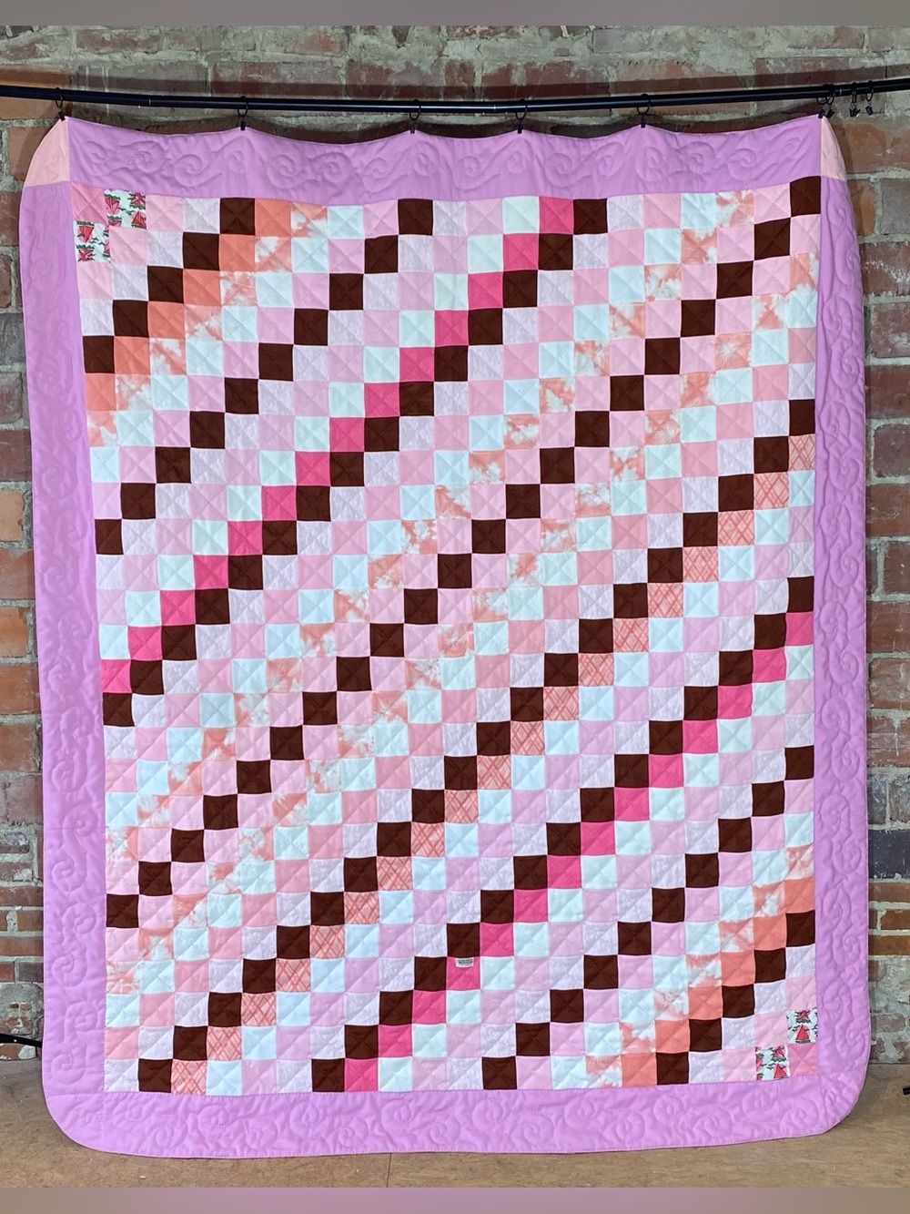 Vintage Polyester Jacob's Ladder Pink Brown Quilt 76" x 91" Hand Stitched